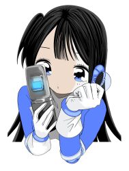 Rule 34 | 1girl, black hair, blue eyes, cellphone, commentary, flip phone, gloves, headgear, highres, holding, holding phone, long hair, long sleeves, multicolored hair, one side up, original, outside border, parted lips, phone, simple background, solo, streaked hair, symbol-only commentary, upper body, urokogaran, white background, white gloves