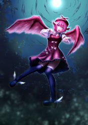 Rule 34 | 1girl, backlighting, black footwear, black thighhighs, blurry, depth of field, dress, frilled sleeves, frills, full body, full moon, hand on own chest, hat, highres, long sleeves, looking at viewer, maroon dress, mary janes, moon, mystia lorelei, night, open mouth, outstretched arm, over-kneehighs, parsue, pink eyes, pink hair, shoes, silhouette, solo, thighhighs, touhou, tree, white wings, wings