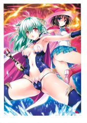 Rule 34 | 10s, 2girls, :o, absurdres, armpits, ass, bare legs, blue skirt, boots, breasts, brown hair, cameltoe, cape, cleft of venus, female focus, fire, gem, green hair, hat, high heels, highres, holding, holding staff, horns, jewelry, kirisaki kyouko, kirisaki kyouko (toloveru), knee boots, legs, long hair, multiple girls, navel, necklace, no bra, no panties, official art, open mouth, panties, plaid, plaid skirt, pleated skirt, purple eyes, red eyes, revealing clothes, run elsie jewelria, short hair, shoulder pads, skirt, sleeveless, spread legs, staff, thighhighs, to love-ru, to love-ru darkness, underwear, weapon, witch, witch hat, yabuki kentarou