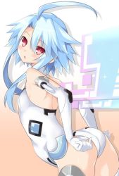 Rule 34 | 1girl, :o, adjusting clothes, adjusting leotard, ass, ass focus, bare shoulders, blanc (neptunia), blue hair, breasts, commentary request, cowboy shot, elbow gloves, from side, gloves, hair between eyes, iwashi dorobou -r-, leaning forward, leotard, looking at viewer, neptune (series), power symbol, power symbol-shaped pupils, red eyes, short hair with long locks, small breasts, solo, symbol-shaped pupils, thighhighs, white gloves, white heart (neptunia), white leotard, wings