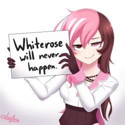 Rule 34 | 1girl, artist name, breasts, brown hair, cleavage, cslucaris, english text, gloves, half-closed eyes, heterochromia, jewelry, looking at viewer, multicolored hair, naughty face, necklace, neo politan, pink hair, rwby, sign, smile, solo, text focus, two-tone hair
