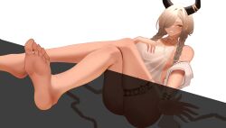 Rule 34 | 1girl, absurdres, ass, azur lane, blonde hair, braid, breasts, brown horns, commentary, crossed legs, english commentary, feet, hair over one eye, highres, horns, large breasts, low twin braids, official alternate costume, one-piece swimsuit, owari (azur lane), owari (shimmering forsythia) (azur lane), see-through, see-through swimsuit, simple background, sirtunalazycat, smile, solo, swimsuit, thighlet, twin braids, white background, white one-piece swimsuit, yellow eyes