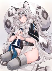 Rule 34 | 1girl, absurdres, animal ears, arknights, bell, belt, black belt, black capelet, blue eyes, blush, braid, breasts, capelet, chunta, circlet, commentary, dress, full body, gradient background, grey background, grey dress, grey hair, grey scarf, grey thighhighs, highres, holding, holding bell, large tail, leopard ears, leopard tail, light smile, long hair, looking at viewer, medium breasts, multiple belts, parted lips, pelvic curtain, pramanix (arknights), scarf, side braids, simple background, sitting, solo, spotted fur, tail, thighhighs, thighs, twin braids, very long hair, wariza, watch, wavy hair, wristwatch
