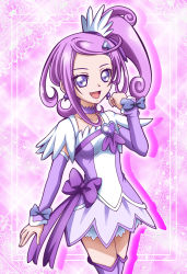 Rule 34 | 1girl, :d, bow, breasts, brooch, choker, cowboy shot, cure sword, detached sleeves, dokidoki! precure, earrings, grey bow, grey eyes, hair ornament, hairclip, hanzou, heart, heart brooch, high ponytail, jewelry, kenzaki makoto, long hair, long sleeves, looking at viewer, miniskirt, open mouth, parted bangs, precure, purple hair, purple sleeves, purple thighhighs, side ponytail, skirt, small breasts, smile, solo, standing, thighhighs, white skirt