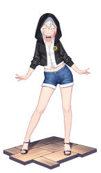 Rule 34 | 1girl, absurdres, ahoge, bare legs, black choker, black footwear, black jacket, blush, choker, collared shirt, denim, denim shorts, closed eyes, facial scar, floor, hair between eyes, highres, hood, hood up, hooded jacket, jacket, lightning ahoge, long hair, long sleeves, looking at viewer, midriff, multicolored hair, navel, open clothes, open jacket, original, red hair, sandals, scar, scar on cheek, scar on face, shirt, short shorts, shorts, silver hair, simple background, sleeves pushed up, smile, solo, standing, streaked hair, thighhighs, tongue, tongue out, white background, white shirt, xiaoxi0619