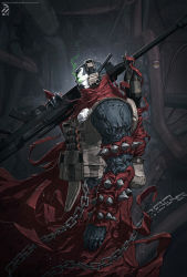 Rule 34 | 1boy, bag, bottle, cape, chain, comic, demon, formal, glowing, glowing eyes, green eyes, gun, headphones, highres, image comics, mask, military, official art, rifle, skull, sniper rifle, spawn, spawn (spawn), spikes, suit, weapon