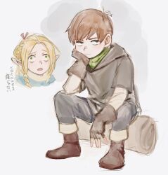 Rule 34 | 1boy, 1girl, black eyes, blonde hair, boots, brown footwear, brown hair, chilchuck tims, closed mouth, cross-eyed, dungeon meshi, fingerless gloves, gloves, green eyes, grey background, hair ribbon, kawai wienerdog, long sleeves, male focus, marcille donato, open mouth, pants, pointy ears, red ribbon, ribbon, simple background, sitting, translation request