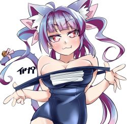 Rule 34 | :3, animal ears, blue hair, blue one-piece swimsuit, breasts, cat ears, cat tail, cleavage, clothes pull, cowboy shot, fang, flower-shaped pupils, hair ribbon, i-19 (kancolle), kantai collection, large breasts, long hair, looking at viewer, name tag, one-piece swimsuit, one-piece swimsuit pull, red eyes, ribbon, school swimsuit, simple background, solo, swimsuit, symbol-shaped pupils, tail, tri tails, udukikosuke, white background