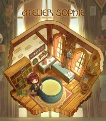 Rule 34 | 1girl, 1other, :&gt;, atelier (series), atelier sophie, book, bookmark, bookshelf, bottle, brown eyes, brown hair, cauldron, chalkboard, character name, chibi, closed mouth, coat, commentary request, copyright name, curtains, flask, from above, gem, head scarf, indoors, kuromame (honey 728), looking at viewer, multiple girls, open book, open clothes, open coat, plachta, plant, potted plant, round-bottom flask, rug, shelf, short hair, sleeves past wrists, sophie neuenmuller, standing, stick, test tube, window, wooden floor