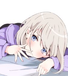 Rule 34 | 1girl, bed sheet, blue eyes, blush, closed mouth, enelis, eyebrows hidden by hair, hair between eyes, hand to own mouth, hand up, head tilt, idolmaster, idolmaster shiny colors, jacket, light brown hair, long sleeves, looking at viewer, lying, on stomach, purple jacket, serizawa asahi, solo, white background