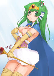 Rule 34 | 1girl, antenna hair, blue cape, blush, breasts, cape, circlet, cleavage, commentary request, corset, cosplay, cowboy shot, crossed bangs, dated, dragon quest, dragon quest xi, dress, elbow gloves, frog hair ornament, gem, gloves, green eyes, green hair, hair ornament, highres, holding, holding staff, kei jiei, kochiya sanae, large breasts, long hair, looking at viewer, nipple slip, nipples, open mouth, panties, purple corset, red gemstone, senica (dq11), senica (dq11) (cosplay), short dress, sidelocks, single hair tube, snake hair ornament, solo, staff, strapless, strapless dress, thighhighs, touhou, underwear, white dress, white panties, yellow gloves, yellow thighhighs