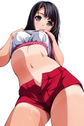 Rule 34 | 1girl, black hair, blush, bra, breasts, clothes lift, covered erect nipples, cowboy shot, from below, gym uniform, highres, long hair, looking down, matsunaga kouyou, medium breasts, midriff, navel, original, parted bangs, shirt lift, short shorts, shorts, simple background, solo, tan, tanline, unbuttoned, underwear, white background