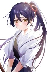 Rule 34 | absurdres, archery, arrow (projectile), blue hair, bow (weapon), fuyuu310, highres, holding, holding bow (weapon), holding weapon, kyuudou, long hair, love live!, love live! school idol project, ponytail, sonoda umi, swept bangs, weapon, yellow eyes