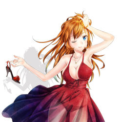 Rule 34 | 1girl, armpits, bad id, bad pixiv id, blue eyes, breasts, charlotte e. yeager, cleavage, dress, evening gown, high heels, jewelry, large breasts, long hair, messy hair, necklace, one eye closed, orange hair, panties, see-through, smile, solo, strike witches, totonii (totogoya), underwear, wink, world witches series