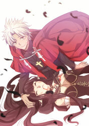 Rule 34 | 1boy, 1girl, amakusa shirou (fate), arm support, black dress, black feathers, black hair, black jacket, black pants, blood, blood from mouth, blood on chest, blood on face, blunt bangs, blurry, breasts, cape, closed eyes, cross, cross necklace, cuts, dark-skinned male, dark skin, depth of field, detached sleeves, dress, earrings, falling feathers, fate/apocrypha, fate/grand order, fate (series), feathers, frilled sleeves, frills, from above, fur collar, gold trim, hand on another&#039;s head, injury, jacket, jewelry, lap pillow, long hair, long sleeves, looking at viewer, lying, medium breasts, necklace, on back, pants, parted bangs, parted lips, pointy ears, red cape, seiza, semiramis (fate), short hair, simple background, sitting, smile, tassel, teeth, tsengyun, unconscious, upper teeth only, white background, white hair, wind, yellow eyes