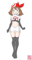 Rule 34 | 1girl, absurdres, bandana, black footwear, black gloves, black thighhighs, blue eyes, blush, breasts, brown hair, cosplay, creatures (company), crop top, elbow gloves, female focus, full body, game freak, gloves, hair between eyes, hat, highres, jessie (pokemon), jessie (pokemon) (cosplay), looking at viewer, may (pokemon), miniskirt, navel, nintendo, open mouth, pencil skirt, poke ball symbol, pokemon, pokemon (anime), pokemon rse, red hat, shirt, shoes, short hair, short sleeves, simple background, skirt, small breasts, smile, solo, standing, stomach, tax2rin, team rocket, team rocket (cosplay), team rocket uniform, text focus, thigh gap, thighhighs, translation request, watermark, white background, white shirt, white skirt, zettai ryouiki