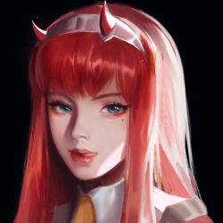 Rule 34 | 1girl, black background, blue eyes, closed mouth, darling in the franxx, eyelashes, eyeliner, hairband, horns, licking lips, light smile, lips, long hair, looking at viewer, makeup, mole, mole under eye, pink hair, portrait, r.keensies, red hair, simple background, solo, straight hair, tongue, tongue out, zero two (darling in the franxx)