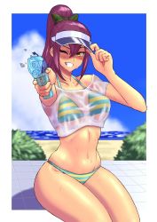 Rule 34 | 1girl, beach, bikini, bikini under clothes, blush, bow, breasts, crop top, day, female focus, green bow, grin, hair bow, highres, ibuki imina, large breasts, long hair, looking at viewer, one eye closed, ponytail, purple hair, school girl strikers, see-through, shigatsugata, shirt, sitting, skindentation, smile, solo, striped bikini, striped clothes, swimsuit, swimsuit under clothes, visor cap, water gun, wet, wet clothes, wet shirt, yellow eyes