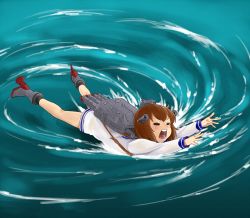 Rule 34 | 10s, 1girl, brown hair, closed eyes, dress, gradient background, hair ornament, kantai collection, long sleeves, lying, on stomach, open mouth, photo-referenced, sailor dress, short hair, solo, sweatdrop, swirl, watanore, water, yukikaze (kancolle)