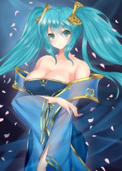 Rule 34 | 1girl, aqua eyes, aqua hair, blonde hair, blush, breasts, cleavage, collarbone, dress, ero waifu, green eyes, green hair, large breasts, league of legends, light smile, lips, long hair, looking at viewer, multicolored hair, shiny skin, smile, solo, sona (league of legends), twintails