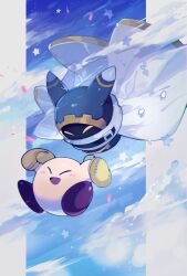 Rule 34 | absurdres, cape, carrying, closed eyes, cloud, disembodied hand, gloves, highres, higuchi megumi, kirby, kirby (series), magolor, nintendo, no humans, open mouth, outdoors, petals, rayman limbs, sky, star (symbol), yellow gloves