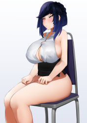 Rule 34 | 1girl, absurdres, bare shoulders, blue eyes, blue hair, blush, bottomless, breasts, chair, cleavage, diagonal bangs, earrings, genshin impact, has bad revision, has downscaled revision, highres, jewelry, large breasts, md5 mismatch, mivioppai, resolution mismatch, sitting, sleeveless, solo, source smaller, sweatdrop, yelan (genshin impact)