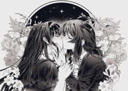 2girls ascot blush buttons check_copyright closed_eyes collared_shirt commentary copyright_request face-to-face facing_another fingernails floral_background flower frills from_side grey_background greyscale hairband hand_grab hand_on_another&#039;s_face highres jacket kiss leaf lily_(flower) long_hair medium_hair michiroon monochrome multiple_girls nose_blush original profile shirt sidelocks sparkle straight_hair u_u upper_body yuri