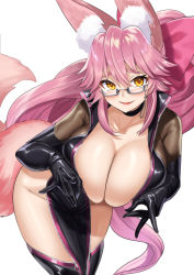 Rule 34 | 1girl, animal ear fluff, animal ears, black bodysuit, blush, bodysuit, bow, breasts, center opening, choker, cleavage, fate/grand order, fate (series), fox ears, fox girl, fox tail, glasses, hair between eyes, hair bow, hip vent, koyanskaya (assassin) (first ascension) (fate), koyanskaya (fate), large breasts, long hair, looking at viewer, muunyan (yumenekoya), pink bow, pink hair, ponytail, revision, sidelocks, smile, solo, tail, tamamo (fate), thighs, white background, yellow eyes
