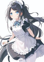 Rule 34 | 1girl, absurdly long hair, apron, aris (blue archive), aris (maid) (blue archive), aruka (alka p1), black hair, blue archive, blue eyes, highres, long hair, maid, maid apron, maid headdress, official alternate costume, official alternate hairstyle, pantyhose, ponytail, simple background, solo, very long hair, white background, white pantyhose, wrist cuffs