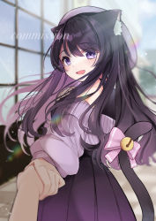 Rule 34 | 1girl, absurdres, animal ear fluff, animal ears, bad id, bad pixiv id, bell, beret, black hair, blush, bow, cat ears, cat girl, cat tail, commission, floating hair, hat, highres, holding hands, indie virtual youtuber, looking at viewer, looking back, nono chitose, pink bow, pink headwear, pov, purple eyes, shimotsuki miri, skeb commission, solo focus, tail, tail bow, tail ornament, virtual youtuber, watermark