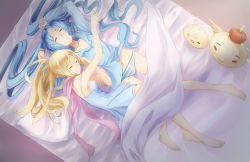 Rule 34 | 2girls, aerlai, barefoot, bed, bed sheet, blonde hair, blue eyes, breasts, closed eyes, flat chest, idunn &amp; idunna, long hair, multiple girls, nightgown, panties, ponytail, puzzle &amp; dragons, shirt, shynee (p&amp;d), sleeping, small breasts, striped clothes, striped panties, twintails, underwear, very long hair