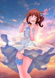 Rule 34 | 1girl, ^ ^, absurdres, blush, bracelet, brown hair, closed eyes, dress, feet out of frame, highres, idolmaster, idolmaster million live!, jewelry, kasuga mirai, one side up, outdoors, pure onepiece (idolmaster), raby vivid, sleeveless, sleeveless dress, smile, solo, sunset, teeth, thigh strap, twilight, upper teeth only, white dress