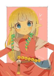 Rule 34 | 1girl, blonde hair, blue eyes, blunt bangs, female focus, highres, long hair, looking at viewer, nintendo, outstretched arms, pointy ears, princess zelda, slit pupils, smile, solo, spread arms, the legend of zelda, the legend of zelda: skyward sword, tokuura, twitter username
