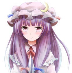 Rule 34 | 1girl, blush, capelet, coat, crescent, dress, female focus, hair ribbon, hat, kuroganeruto, long hair, looking at viewer, open clothes, open coat, patchouli knowledge, pink eyes, purple dress, purple hair, ribbon, simple background, solo, striped clothes, striped dress, touhou, tress ribbon, upper body, white background