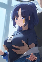 Rule 34 | 1boy, 1girl, black shirt, blue archive, blue buruma, booogtake, breasts, buruma, commentary, grabbing, grabbing from behind, groping, highres, id card, indoors, jacket, lanyard, large breasts, looking at viewer, partially unzipped, ponytail, purple eyes, purple hair, shirt, star (symbol), sticker on face, track jacket, upper body, yuuka (blue archive), yuuka (track) (blue archive)