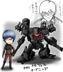 Rule 34 | armored core, armored core: for answer, blue hair, dual wielding, from software, glasses, gun, holding, male focus, malzel, opening (armored core), orca (armored core), rifle, weapon