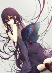 Rule 34 | 1girl, absurdly long hair, bare arms, bare shoulders, butterfly wings, dress, high heels, highres, insect wings, kneeling, long hair, open mouth, original, puracotte, purple dress, purple hair, red eyes, red footwear, shoes, solo, very long hair, wings, wrist cuffs