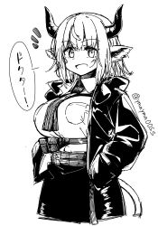 Rule 34 | animal ears, arknights, breasts, collared shirt, cow ears, cow girl, cow horns, cow tail, greyscale, hands in pockets, high contrast, horns, jacket, large breasts, leather skirt, looking at viewer, monochrome, necktie, notice lines, open clothes, open jacket, open mouth, shirt, sideroca (arknights), simple background, sketch, smile, solo, speech bubble, symbol-only commentary, tail, translated, twitter username, white background, yom (ymayma00ss)