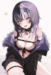 Rule 34 | 1girl, :d, black bra, black choker, black coat, black hair, blush, bra, breasts, choker, cleavage, coat, fangs, fur-trimmed coat, fur trim, grey hair, hair ornament, heart, highres, hololive, hololive english, jacket, koahri, lace, lace-trimmed bra, lace trim, large breasts, long hair, long sleeves, looking at viewer, multicolored hair, navel, off shoulder, open clothes, open jacket, open mouth, shiori novella, shiori novella (1st costume), simple background, sitting, skindentation, smile, solo, split-color hair, thigh strap, two-tone hair, underwear, virtual youtuber, white background, white hair, yellow eyes