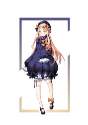 Rule 34 | 1girl, abigail williams (fate), black bow, black dress, black hat, blonde hair, blue eyes, blush, bow, commentary request, dress, fate/grand order, fate (series), flan (f l an), full body, hair bow, hat, highres, long hair, long sleeves, looking at viewer, multiple hair bows, orange bow, parted bangs, polka dot, polka dot bow, sleeves past fingers, sleeves past wrists, solo, stuffed animal, stuffed toy, teddy bear, very long hair