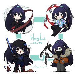 Rule 34 | 4boys, aqua hair, baseball cap, black hair, black hat, black vest, blood, blue shirt, cloud, collared shirt, dagger, glaive (polearm), half updo, hat, hawaiian shirt, heterochromia, high ponytail, highres, holding, holding dagger, holding knife, holding polearm, holding weapon, hong lu (project moon), hook, inoka nana, jacket, knife, limbus company, long hair, looking at viewer, multiple boys, open mouth, orange jacket, polearm, project moon, red ribbon, ribbon, shirt, smile, very long hair, vest, w corp. (identity) (project moon), wayward passenger, weapon, white background