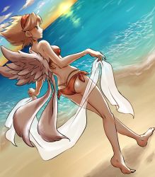 Rule 34 | 1girl, ass, barefoot, bikini, blonde hair, blue eyes, breasts, breath of fire, breath of fire iii, closed mouth, dimples of venus, earrings, hairband, hamamuraacca, highres, jewelry, nina (breath of fire iii), sand, short hair, smile, solo, sun, swimsuit, thong bikini, water, whale tail (clothing), white wings, wings