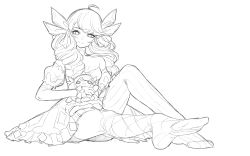 Rule 34 | 1girl, absurdres, bsapricot, commentary, detached sleeves, doll, dress, drill hair, dual persona, english commentary, eyebrows hidden by hair, foreshortening, greyscale, gwen (league of legends), head tilt, highres, holding, holding doll, league of legends, monochrome, short sleeves, sitting, smile, soles, solo, twin drills, white background