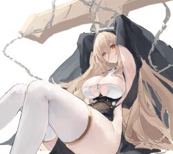 Rule 34 | 1girl, absurdres, armpits, arms behind head, arms up, azur lane, blonde hair, blush, breasts, chain, cleavage, commentary request, cross, feet out of frame, gold trim, habit, hair between eyes, highres, implacable (azur lane), large breasts, long hair, looking at viewer, lump saury, no panties, nun, pelvic curtain, red eyes, sitting, smile, solo, thighhighs, thighs, very long hair, white background, white thighhighs