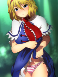 Rule 34 | 1girl, :o, alice margatroid, blonde hair, blue dress, blue eyes, blurry, blurry background, blush, breasts, capelet, chestnut mouth, commentary request, cowboy shot, dress, embarrassed, hair between eyes, hairband, large breasts, lifted by self, nose blush, outdoors, panties, red hairband, red neckwear, solo, standing, striped clothes, striped panties, thigh gap, touhou, tree, underwear, white capelet, yadokari genpachirou