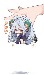 Rule 34 | 1girl, 1other, :&lt;, barefoot, beni shake, black dress, blue scarf, blush, brown eyes, chibi, commentary request, dress, fate/grand order, fate (series), grey hair, hair between eyes, highres, larva tiamat (fate), larva tiamat (second ascension) (fate), lifting person, lightning bolt symbol, long hair, long sleeves, motion lines, notice lines, out of frame, parted lips, scarf, shadow, signature, simple background, sleeves past fingers, sleeves past wrists, solo focus, symbol-shaped pupils, tiamat (fate), triangle mouth, very long hair, white background