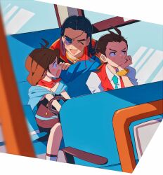 Rule 34 | 1girl, 2boys, :d, ace attorney, annoyed, antenna hair, apollo justice, aqua necktie, black dress, black hair, blue cape, blue eyes, blue shirt, bracelet, brooch, brown eyes, brown hair, bus interior, cape, closed eyes, collared shirt, dhurke sahdmadhi, dress, eyepatch, facial mark, forehead mark, forked eyebrows, grgrton, hand on own chin, happy, high collar, jewelry, lapels, long sleeves, looking at another, medium hair, multiple boys, necktie, one eye covered, open mouth, profile, red scarf, red vest, scarf, shirt, short dress, short hair, smile, trucy wright, vest, white shirt, window
