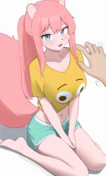 Rule 34 | 1girl, 1other, animal ears, blue eyes, body fur, breasts, commentary, furry, furry female, green shorts, highres, jeifier (korfiorano01), long hair, looking at viewer, medium breasts, midriff, navel, original, pink fur, pink hair, ponytail, pov, shirt, short sleeves, shorts, sidelocks, simple background, sitting, solo focus, t-shirt, tail, thighs, wariza, white background, yellow shirt