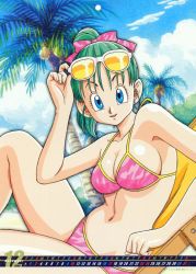 Rule 34 | 1girl, 2006, :d, adjusting eyewear, arm support, armpits, beach, bikini, blue eyes, blue hair, breasts, bulma, bush, calendar, camouflage, camouflage bikini, chair, cleavage, clenched hand, cloud, coconut, collarbone, dated, day, december, dragon ball, dragonball z, earrings, eyewear on head, from side, green hair, hair ribbon, halterneck, happy, high ponytail, jewelry, knee up, looking at viewer, lounge chair, matching hair/eyes, medium breasts, navel, official art, open mouth, outdoors, palm tree, parted lips, pink bikini, pink ribbon, ponytail, print bikini, ribbon, sideboob, sitting, sky, smile, solo, stud earrings, sunglasses, swimsuit, tree