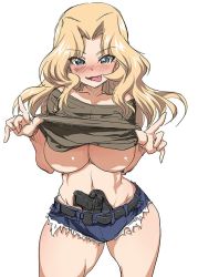 Rule 34 | 10s, 1girl, :p, bare shoulders, belt, black belt, black shirt, blonde hair, blue eyes, blue shorts, blush, breasts, clothes lift, commentary request, cowboy shot, cutoffs, denim, denim shorts, gemu555, girls und panzer, gun, gun in shorts, hair intakes, handgun, holstered, kay (girls und panzer), large breasts, lifting own clothes, long hair, looking at viewer, naughty face, navel, no bra, open mouth, shirt, shirt lift, short shorts, shorts, simple background, smile, solo, standing, thighs, tongue, tongue out, underboob, weapon, white background
